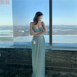 T8Y高级法式气质高腰连衣裙女夏季新款名媛风百褶无袖温柔设计感