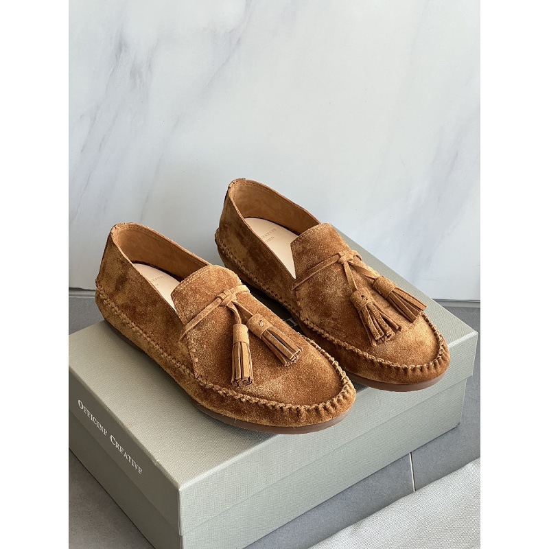 French Retro Tassel Women's Slip-Ons Genuine Leather Suede Round Toe Soft Sole Slippers