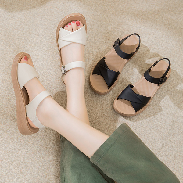 Genuine Leather Mom Shoes Sandals Soft Bottom Flat Middle-aged Women's Shoes Non-slip Comfortable Shoes Middle-aged Summer 2024 New Style