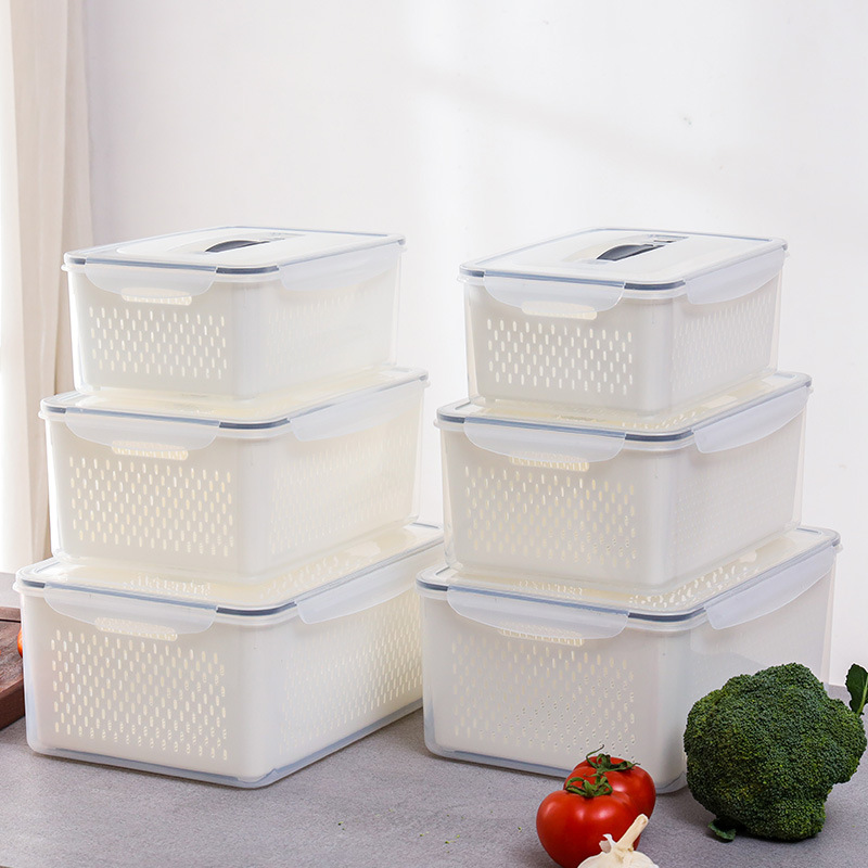 Cross-Border Set of Drainable Fresh-Keeping Boxes, Plastic Boxes for Fruits and Vegetables, Fresh-Keeping Boxes with Handles, Sealed and Drainable Storage Boxes