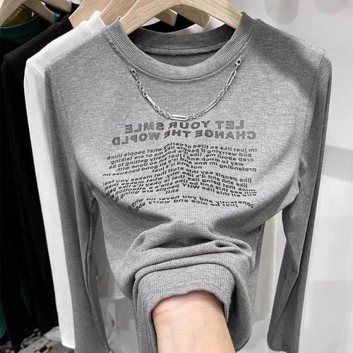 Pure Color Ribbed Knit Print Letter T-Shirt Women's Top Spring Chain Long Sleeve Base Shirt Trend