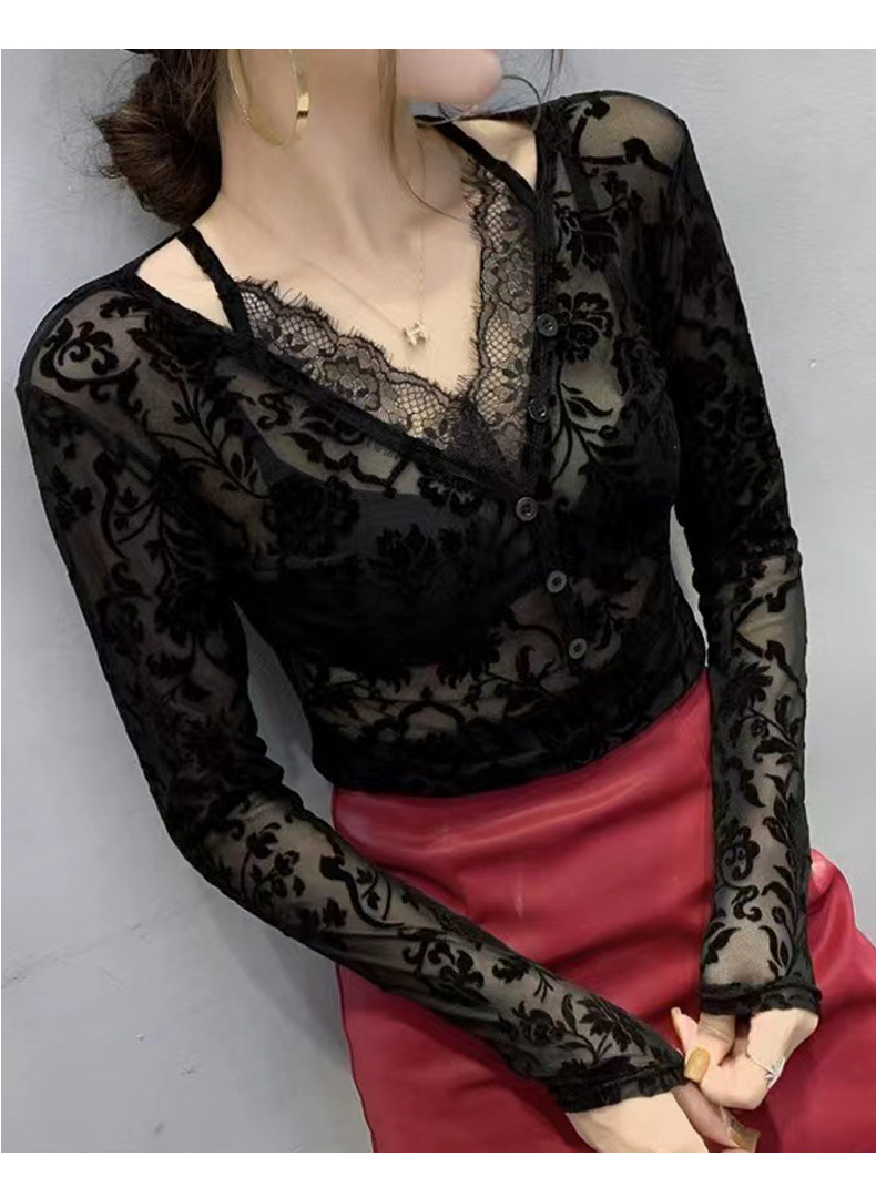 ​​"Beflocktes V-Ausschnitt-Langarmshirt aus Mesh – Sonnenschutzbluse aus Hohlspitze für Damen"​​_voghion.com