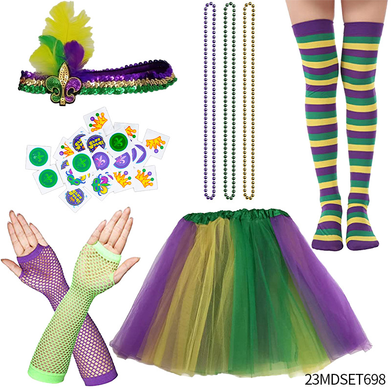 Accesorios para el Cabello de Carnaval de Mardi Gras, Máscara Tricolor, Corbata de Moño, Cadena de Cuentas Electrochapadas, Conjunto para Fiesta de Carnaval