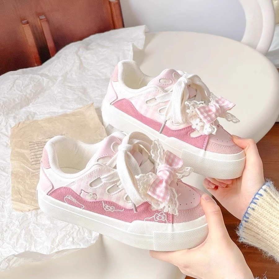 Zapatos de nicho HelloKitty, zapatos de skate de arco de gato casuales y cómodos con suela gruesa, zapatos blancos pequeños, pan image 9