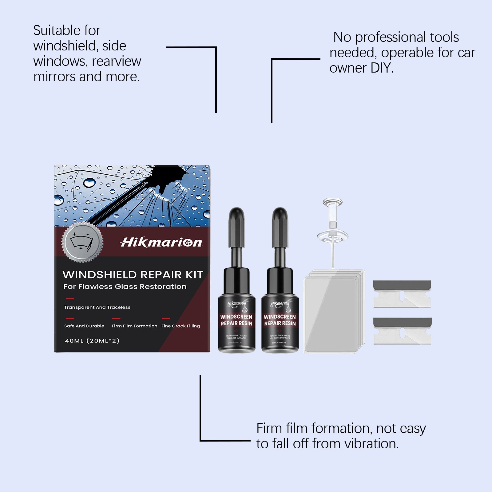 Hikmarion Car Windshield Care Kit for Daily Repair, Refurbishment, and Maintenance of Car Window Glass Cracks