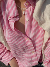 拉夫亚麻条纹粉色衬衫多巴胺长袖宽松休闲衬衣RL小众设计感上衣女