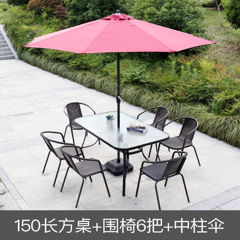 물무늬 직사각형 테이블 150개 + 긴 의자 6개 + 중앙 기둥 우산 1개