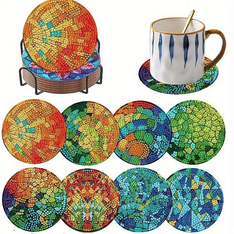 Ventas transfronterizas calientes de 8 piezas de conjunto de cojín de taza de arte de diamante, con soporte, pequeño conjunto de pintura de diamante, adecuado para adultos