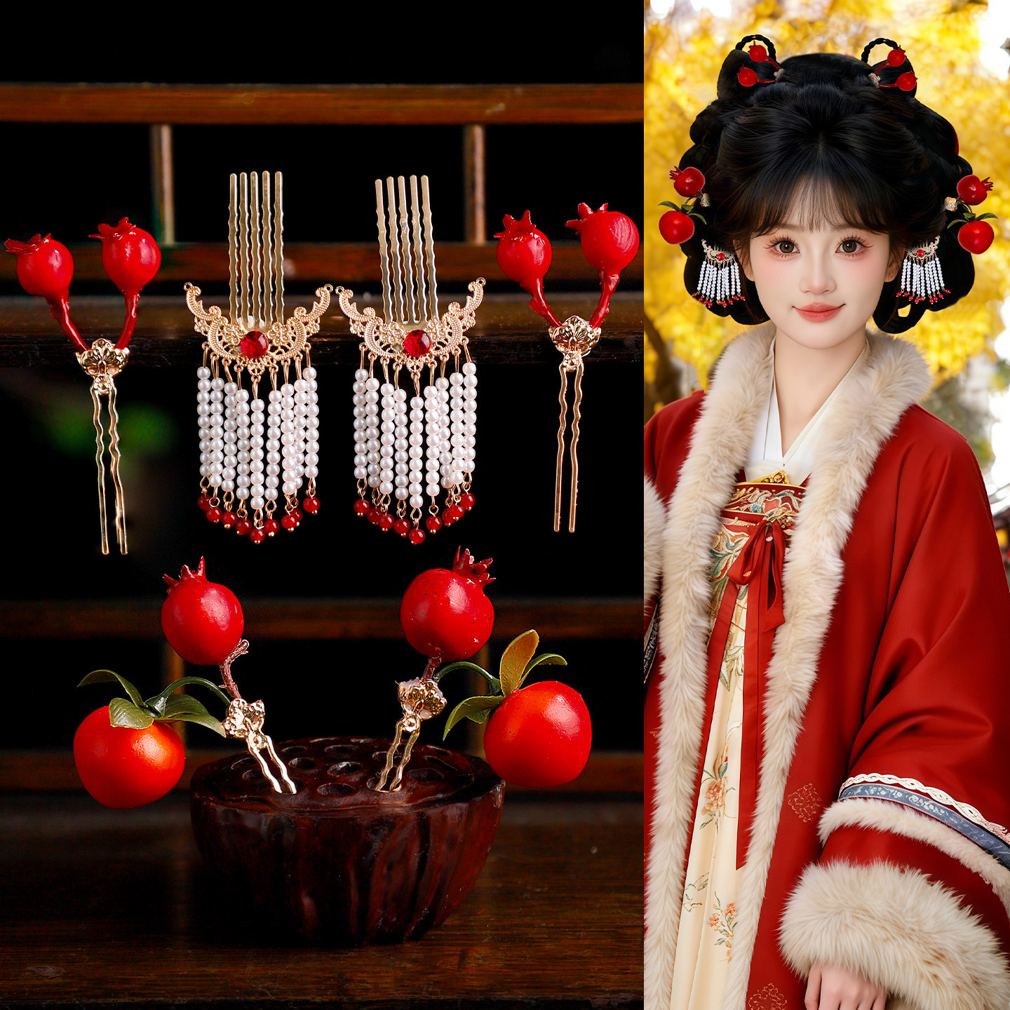古风汉服复古新娘秀禾服喜庆配饰品气质红色石榴发钗串珠流苏发梳