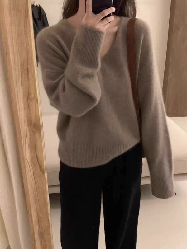 新しいソリッドカラーのソフトワックスキャンディーカラーのルーズVネックプルオーバーセータートップ女性用秋と冬のインナーセーター|undefined