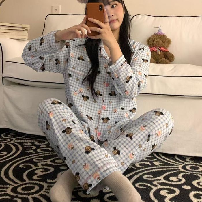 Pijamas de algodón nubes al por mayor transfronterizos primavera y otoño nuevos pantalones de manga larga de dibujos animados cardigan se pueden usar con ropa de casa