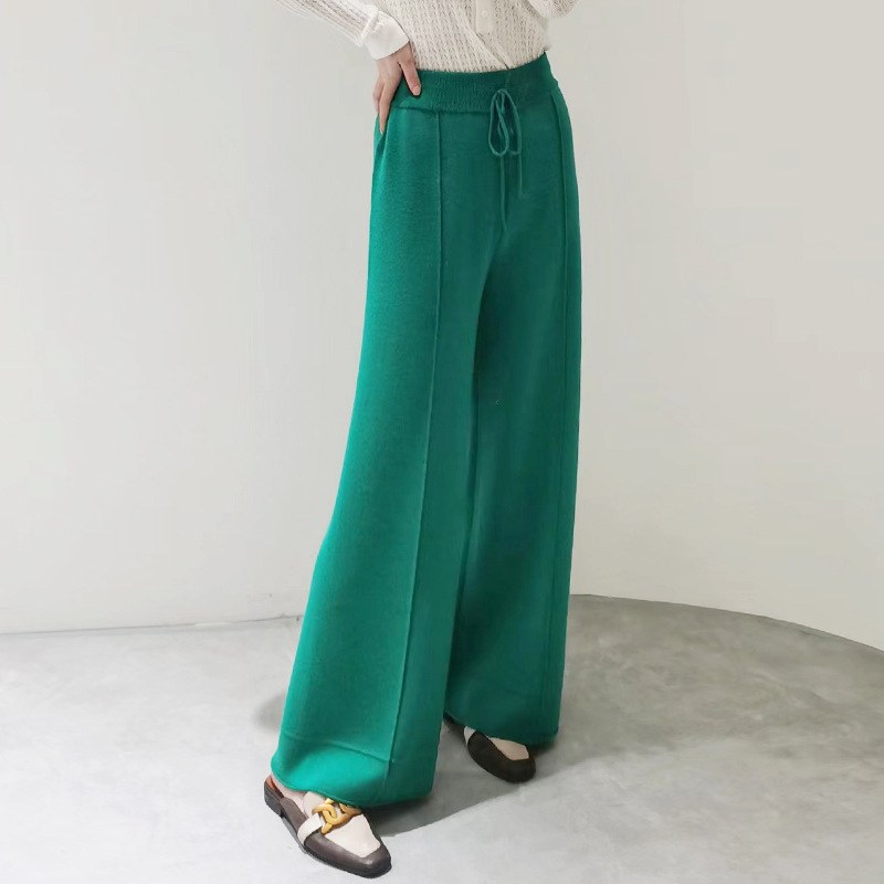 60 PCTS WORSTED CHAO FINE PURE WOOL WIDE LEG PANTS 여성용 외부 착용 4 개의 플랫 바늘 와이드 슬림 느슨한 높은 허리 니트 바지