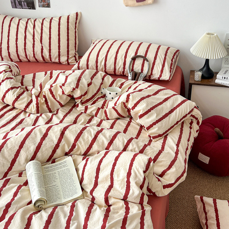 Vintage Washed Cotton Bed Sheet Set Simple Printed Four Piece_voghion.com