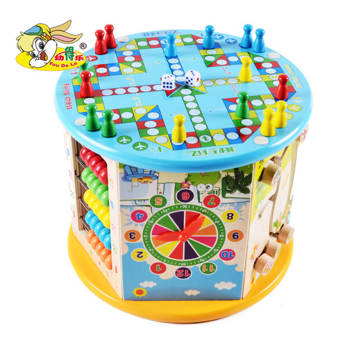 Children's wooden six-sided multi-functional educational large bead treasure box infant and toddler early education intelligence development parent-child toy