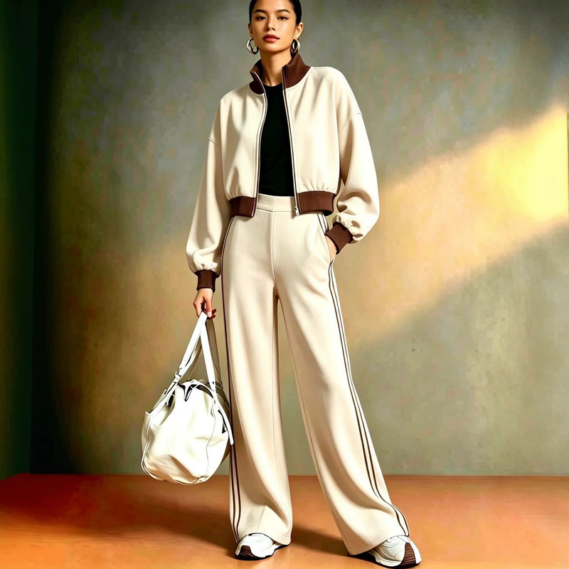 Spring and Autumn Color-Blocked Stand-Collar Zip-Up Short Jacket for Women with Side-Striped Wide-Leg Pants Two-Piece Set Casual Sports Loungewear Set