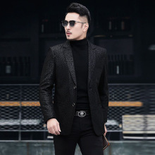 一件代发海宁真皮皮衣男士西服外套修身绵羊皮印花春秋冬皮草新款