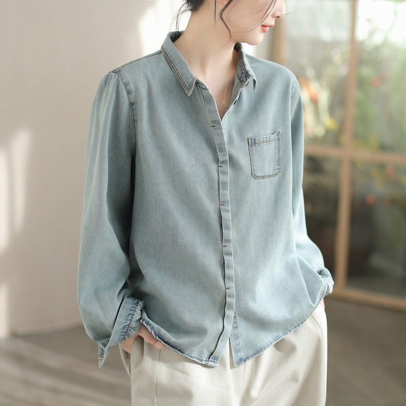 Denim Shirt 2026 Spring New Style Fashionable Solid Color Top Women's Drapey Lapel Cardigan Shirt Trendy 1117