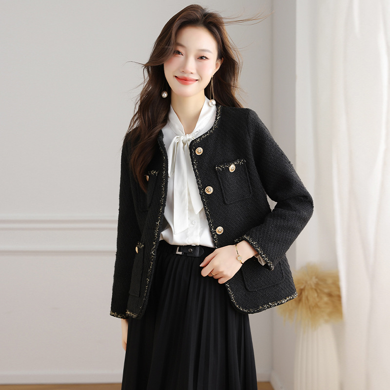 Slim Black Chanel-Style Jacket for Women, Autumn and Winter New Petite Tweed French Socialite High-End Top