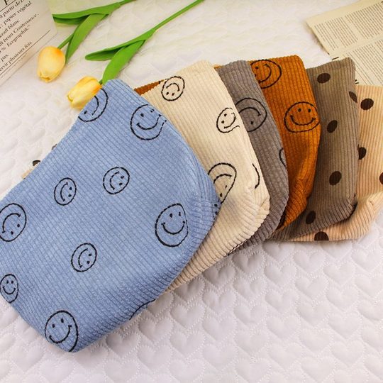 Large smiley face corduroy cosmetic bag vintage dot storage wash clutch key mobile phone wallet pencil case