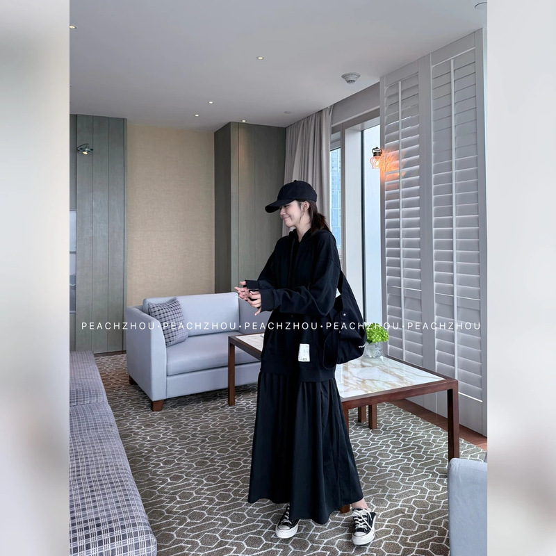 3771 # Labelled Distressed Loose-Fitting Hooded Terry Sweatshirt with Patchwork Long Dress
