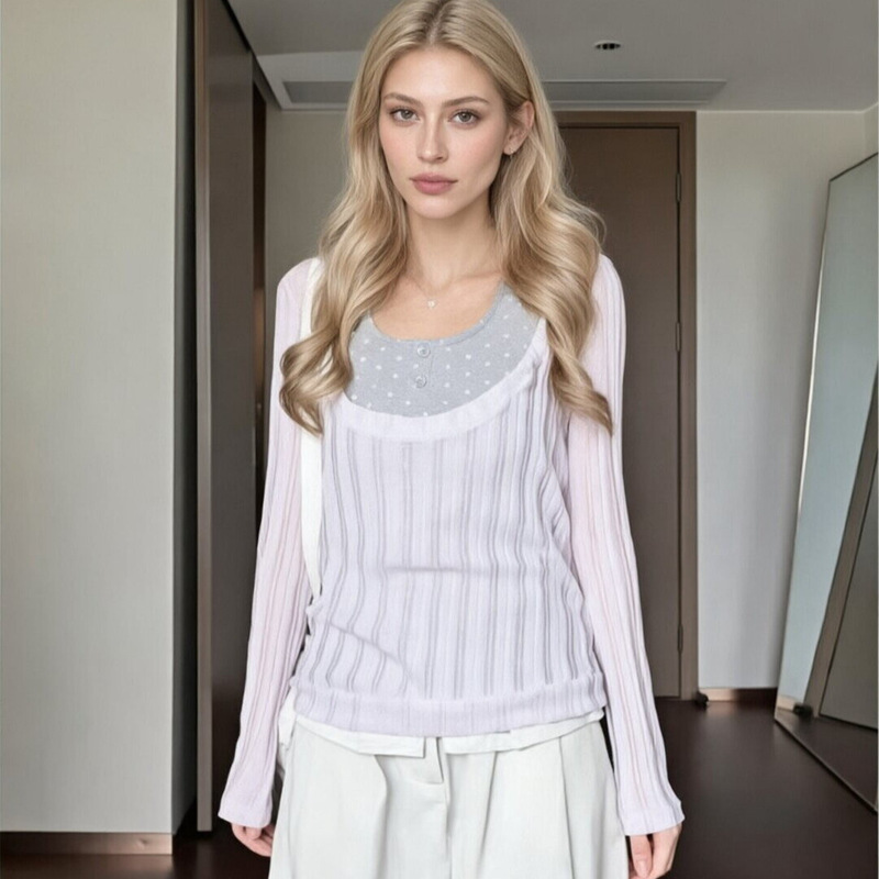 Cross-border foreign trade pure desire sweet and spicy girl halter neck faux two-piece long-sleeve t-shirt for women, autumn slim-fit design polka dot top Cross-border foreign trade pure desire sweet and spicy girl halter neck faux two-piece long-sleeve t-shirt for women, autumn slim-fit design polka dot top
