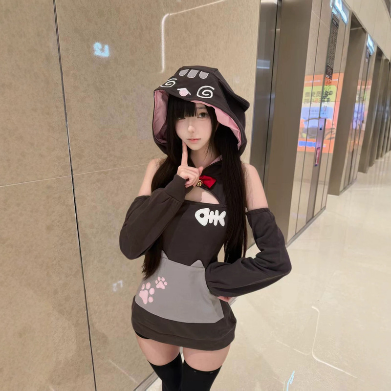 Japanese-style soft girl cartoon hip-hugging short skirt fishbone dress off-shoulder long-sleeve sweatshirt dress cosplay costume for women Japanese-style soft girl cartoon hip-hugging short skirt fishbone dress off-shoulder long-sleeve sweatshirt dress cosplay costume for women