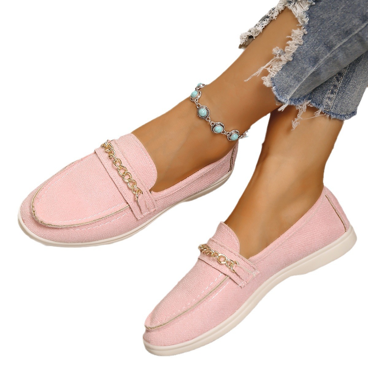 2024 Autumn Export Large Size European And American Style Flat Casual Loafers's Metal Chain Decorated Single Shoes_vogvips.com