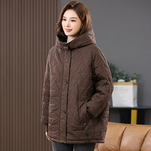 棉服外套女中长款2024新款冬装宽松大码中年妈妈休闲连帽保暖棉衣