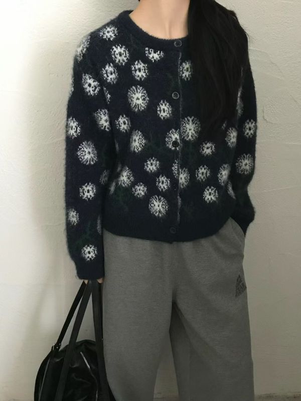 韩版小个子植绒提花针织毛衣女2025秋冬新款复古撞色花朵针织开衫|undefined