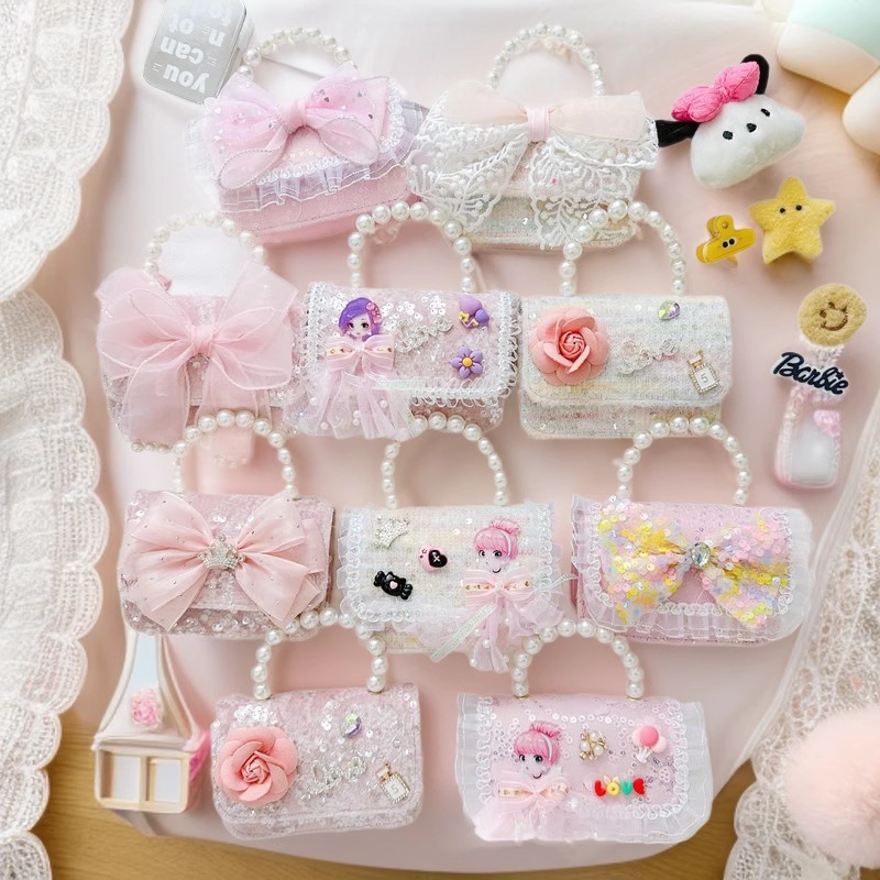 Bagos de perlas de niñas, arco de encaje de arco de princesa, bolsos de hombro de nueva cadena, bolsos para niños