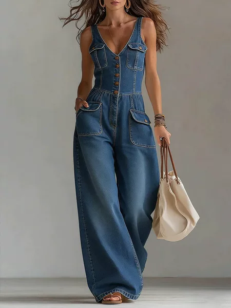 2026 Foreign Trade European and American Cross-Border Tight-Waist Washed Denim Jumpsuit Straight Loose Sleeveless Overalls