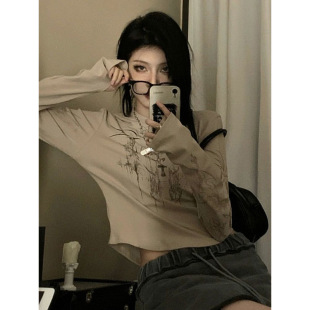 Thin Hooded Long-Sleeved T-Shirt for Women 2025 Autum New Niche Design Printed Sun Protection Slim Short Top