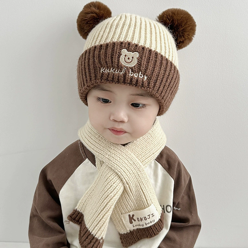 Children's Knit Hat & Scarf Set - Thick Demi-Season Warmth, Bear Patch, Cozy Knit, Color Options