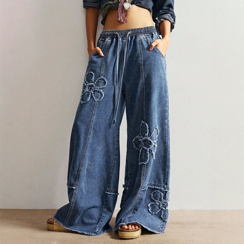 European and American Style Elastic Waist Drawstring Wide-Leg Jeans for Women, Frayed Floral Patchwork Loose Drape Floor-Length Pants European and American Style Elastic Waist Drawstring Wide-Leg Jeans for Women, Frayed Floral Patchwork Loose Drape Floor-Length Pants