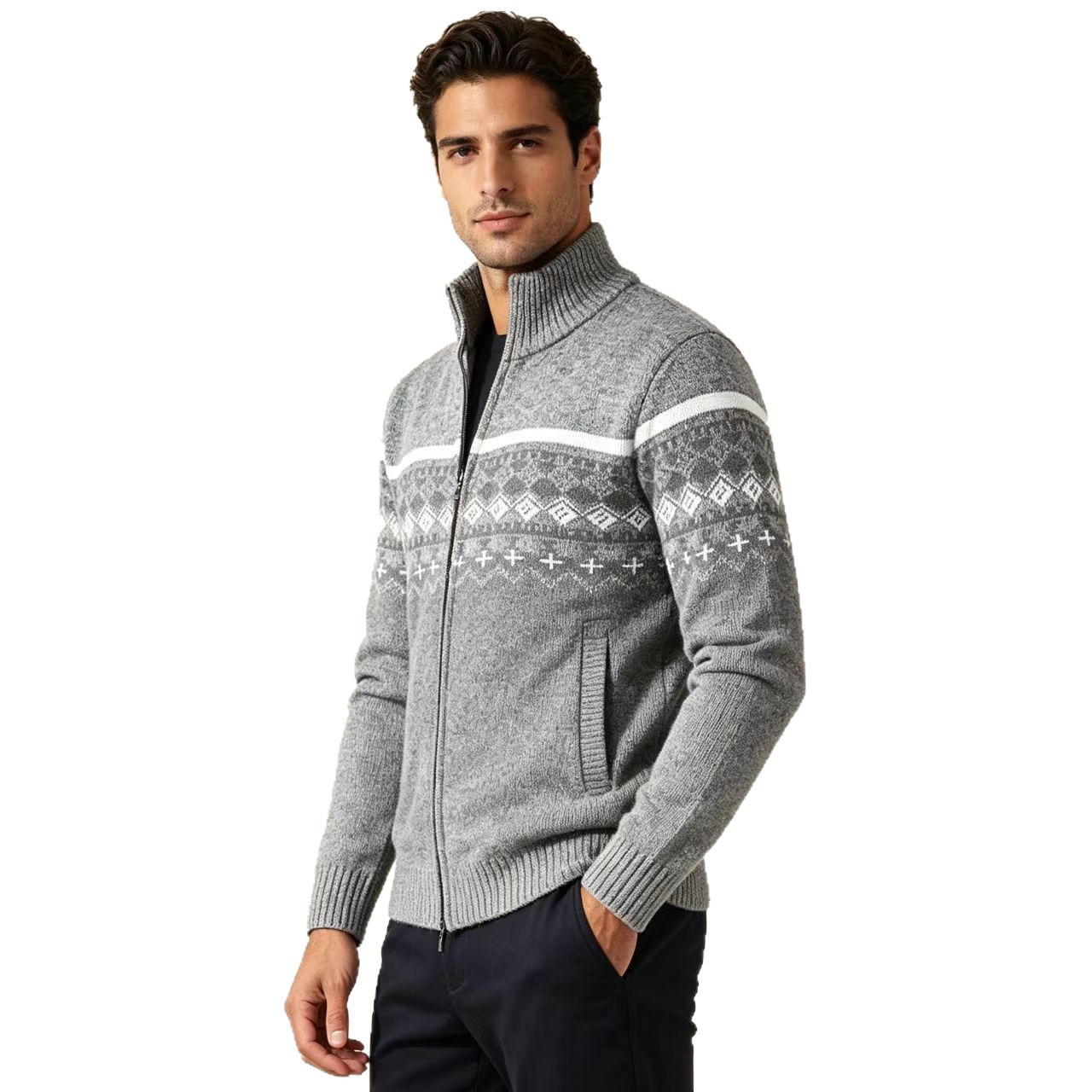 Cárdigan ajustado de jacquard para hombre, estilo casual, para otoño e invierno, de manga larga, urbano, cómodo para el día a día, tejido transpirable.