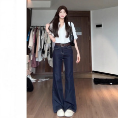 深蓝色微喇牛仔裤女2025夏季薄款小个子冰丝凉感垂感阔腿喇叭裤子