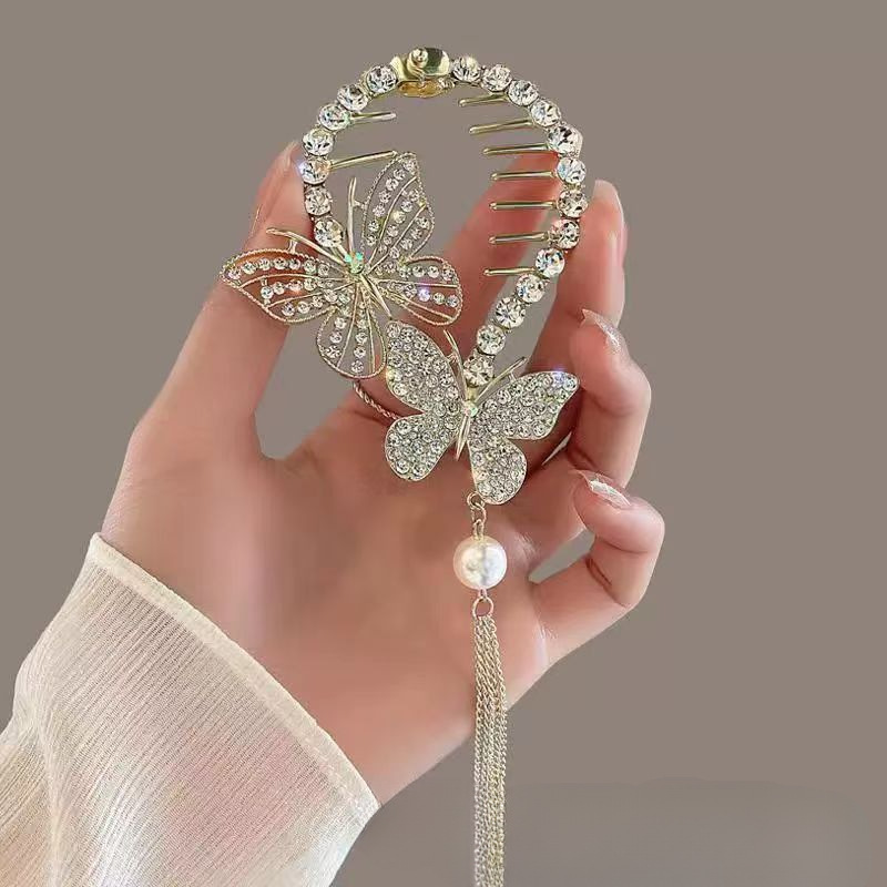 Factory Direct Sales Wholesale Diamond Double Butterfly Pendant Ball Clip Alloy Headwear Hairpin Cross-Border Hot Style High-End Sweet