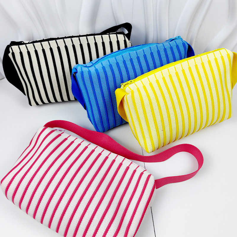 简约条纹手提包韩版休闲时尚女包拉链单肩包多巴胺包包休闲手提袋