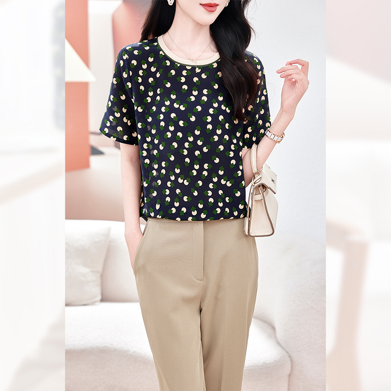 Silk Crepe T-Shirt for Women 2026 New Summer Short-Sleeve Round Neck Casual Mulberry Silk Mom-Style Top