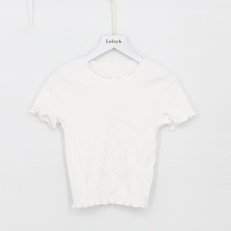 Verano camiseta de hielo de manga corta de punto de tela delgada de la mujer de cintura alta cintura corta ombligo de la clavícula delgada