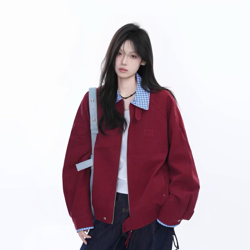 Plaid Stitching Polo Collar Fake Two-Piece Sweatshirt for Women Autumn and Spring 2025 New Loose Casual Versatile Thin Top