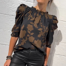 欧美跨境2025秋季新款女装亚马逊印花圆领荷叶边衬衫上衣