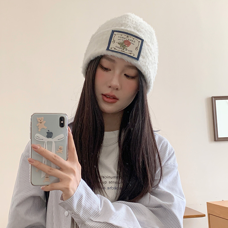 早秋新复古玫瑰花贴布毛绒针织帽女文艺休闲百搭休闲保暖包头冷帽|undefined