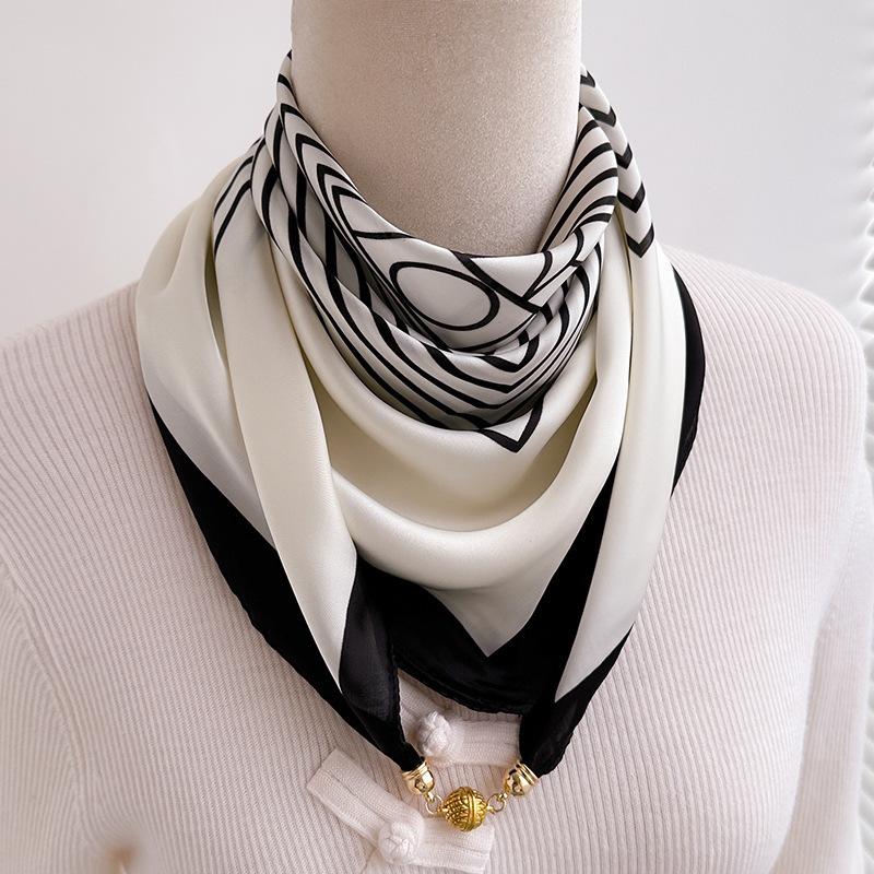 Black and White Striped Magnetic Buckle Small Square Scarf for Women, Suitable for Spring, Autumn, and Summer, Paired with Shirts, Professional Neck Protection, Thin Neck Scarf