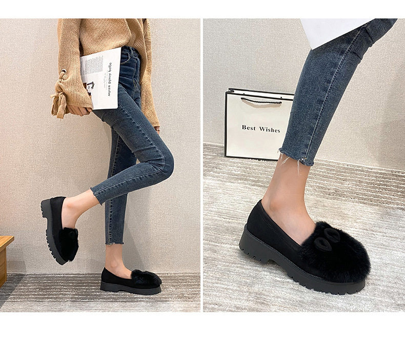 Giày bông nữ gót vuông thấp lót lông thỏ giữ ấm, mũi tròn, đế dày — Màu xám, Màu đen chi tiết 15