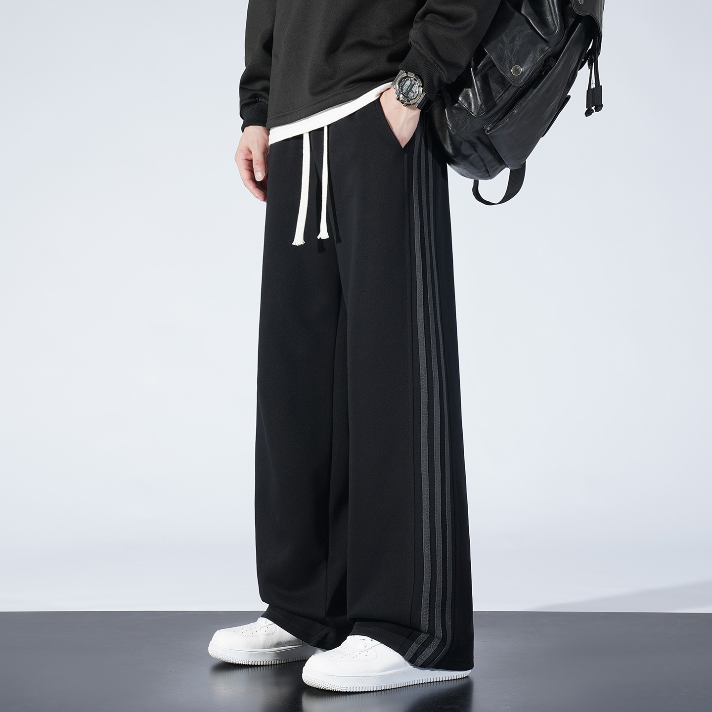 Transfronterizo de moda deportiva americana con pantalones de terciopelo, pantalones casuales rectos sueltos, primavera, otoño y invierno, pantalones grises de tres tiras image 7