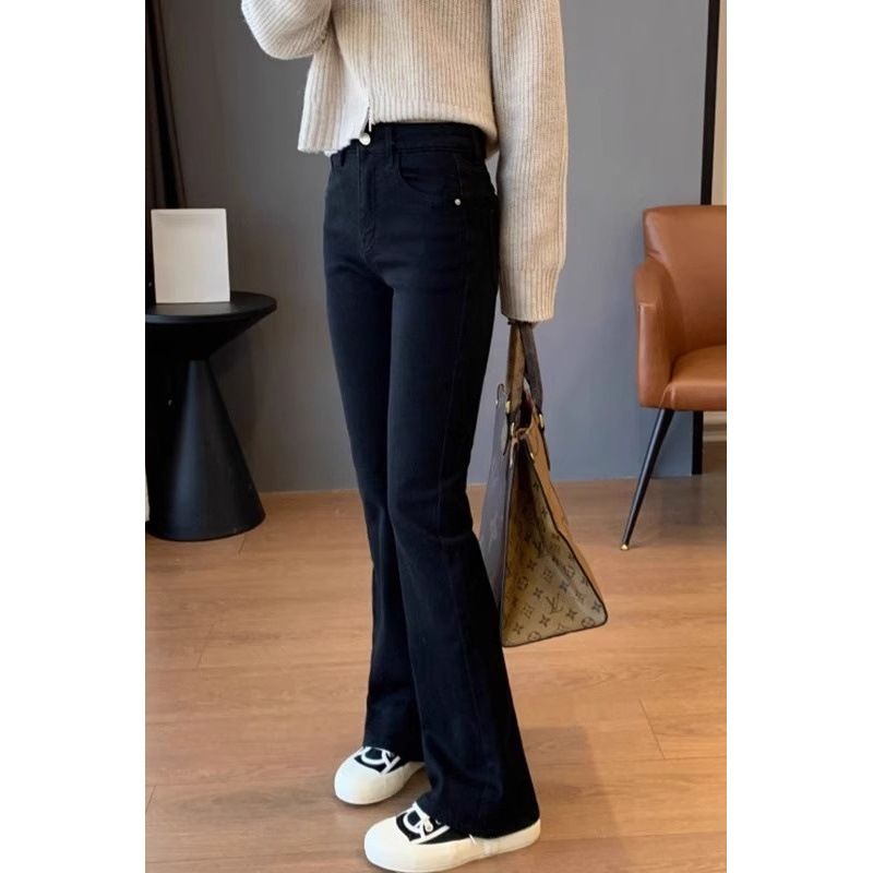 Black micro-flare jeans for women in autumn new pear shape slim and slim high-waisted large-size floor pants