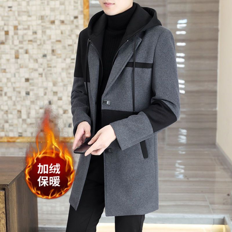 Men's Mid-length Woolen Coat Autumn and Winter Korean Fashionable fleece-lined Warm Hooded Woolen Coat Coat