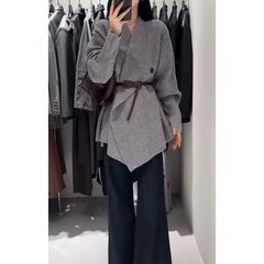 感灰色翻领外套女2025秋冬新款收腰设计感不规则中长款上衣