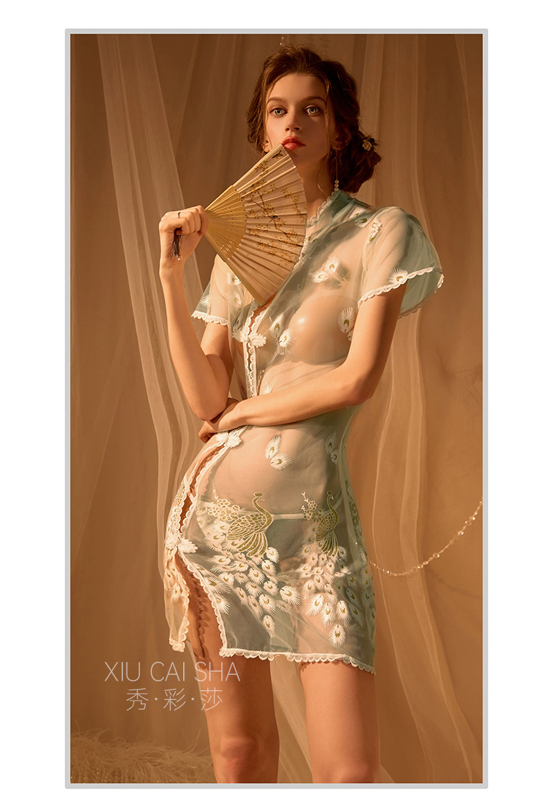 Phoenix Embroidered See-Through Cheongsam-Style Lingerie Set, Blue Lace, One Size — detail image 28